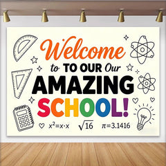 Lofaris Toile de fond bienvenue à l'école avec fournitures et science, arrière-plan éducatif coloré pour studio photo et événement