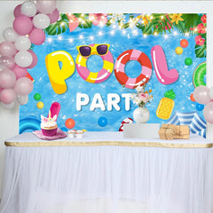 Lofaris Toile de fond de photographie pour fête à la piscine bleu tropical, arrière-plan avec lettres POOL et PARTY pour célébration estivale