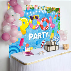 Lofaris Toile de fond de photographie pour fête à la piscine bleu tropical, arrière-plan avec lettres POOL et PARTY pour célébration estivale