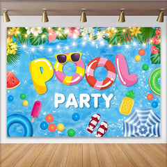 Lofaris Toile de fond de photographie pour fête à la piscine bleu tropical, arrière-plan avec lettres POOL et PARTY pour célébration estivale
