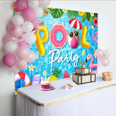 Lofaris Toile de fond pour fête de piscine avec flamant rose et ballons gonflables, magnifique décor d'été tropical pour studio photo