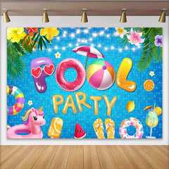 Lofaris Toile de fond anniversaire piscine avec bouées colorées et fleurs tropicales, magnifique décor de fête d'été pour enfants et adultes