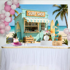 Lofaris Toile de fond de photographie plage tropicale surf shop et palmiers, magnifique arrière-plan estival pour studio photo et événement
