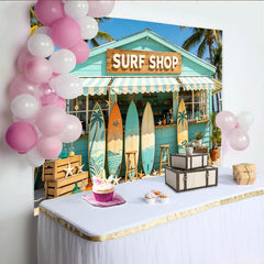 Lofaris Toile de fond de photographie plage et surf avec boutique turquoise, arrière-plan d'été tropical pour studio photo
