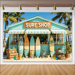 Lofaris Toile de fond de photographie plage et surf avec boutique turquoise, arrière-plan d'été tropical pour studio photo
