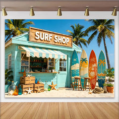 Lofaris Toile de fond de photographie plage tropicale avec boutique de surf et palmiers, arrière-plan estival pour studio photo