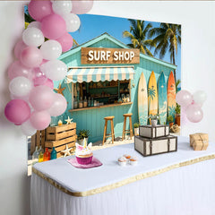 Lofaris Toile de fond de photographie plage surf avec palmiers et planches colorées, décor estival tropical pour studio photo et événements