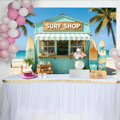 Lofaris Toile de fond de photographie boutique de surf turquoise et palmiers, arrière-plan de plage estivale pour studio photo et décoration