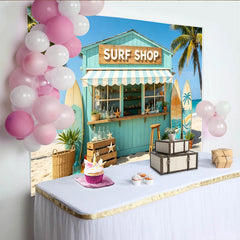 Lofaris Toile de fond de photographie boutique de surf turquoise et palmiers, arrière-plan de plage estivale pour studio photo et décoration