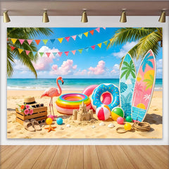 Lofaris Toile de fond de photographie scène estivale avec flamant rose et planches de surf, arrière-plan tropical vibrant pour fête