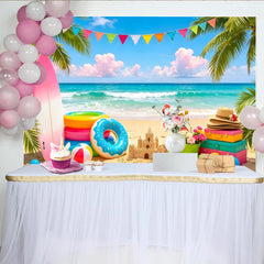 Lofaris Toile de fond de photographie plage estivale surf flamant rose, magnifique arrière-plan tropical pour studio photo et fête d'été