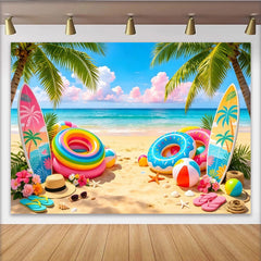 Lofaris Toile de fond de photographie plage tropicale avec palmiers et planches de surf, arrière-plan coloré pour studio photo et fête d'été