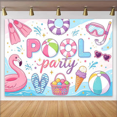Lofaris Toile de fond pour anniversaire piscine avec flamant rose et ballons, décor de fête d'été coloré pour séance photo