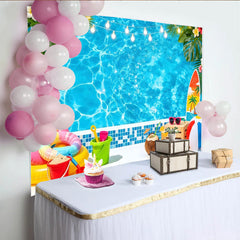 Lofaris Toile de fond de photographie piscine tropicale et palmiers, arrière-plan estival vibrant pour studio photo et décor de fête
