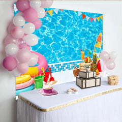 Lofaris Toile de fond de photographie piscine estivale avec drapeaux colorés et fruits tropicaux, décor pour fête d'été et studio photo