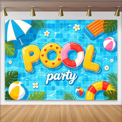 Lofaris Toile de fond pour fête à la piscine estivale avec parasol et bouées, décor aquatique pour célébration d'été et studio photo