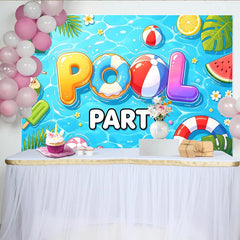Lofaris Toile de fond pour fête à la piscine avec ballons et fruits d'été, décor rafraîchissant pour ambiance estivale et photos