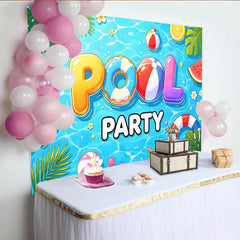 Lofaris Toile de fond pour fête à la piscine avec ballons et fruits d'été, décor rafraîchissant pour ambiance estivale et photos