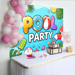Lofaris Toile de fond pour anniversaire thème piscine estivale avec ballons et fruits tropicaux, décor de fête pour studio photo