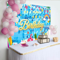 Lofaris Toile de fond joyeux anniversaire piscine tropicale, magnifique arrière-plan d'été pour fête et séance photo