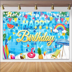 Lofaris Toile de fond joyeux anniversaire piscine tropicale, magnifique arrière-plan d'été pour fête et séance photo