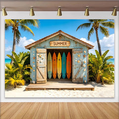 Lofaris Toile de fond photographie été, cabane de plage et planches de surf, arrière-plan tropical pour studio photo et décor de vacances