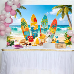 Lofaris Toile de fond de photographie plage tropicale avec planches de surf et palmiers, arrière-plan estival pour studio photo et fêtes