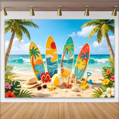 Lofaris Toile de fond de photographie plage tropicale avec planches de surf et palmiers, arrière-plan estival pour studio photo et fêtes