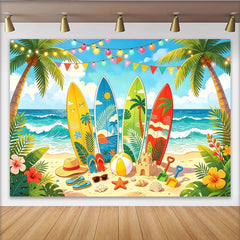 Lofaris Toile de fond de photographie plage estivale, palmiers et surf, arrière-plan de vacances d'été pour studio photo