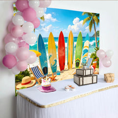 Lofaris Toile de fond de photographie plage et surf colorée avec palmiers, arrière-plan estival pour studio photo ou événement