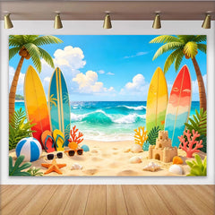 Lofaris Toile de fond de photographie plage tropicale avec planches de surf, arrière-plan estival pour studio photo et décoration de fête