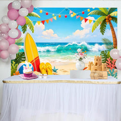 Lofaris Toile de fond de photographie plage estivale avec palmiers et vagues, magnifique décor de fête tropicale pour studio photo