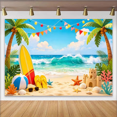 Lofaris Toile de fond de photographie plage estivale avec palmiers et vagues, magnifique décor de fête tropicale pour studio photo