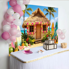 Lofaris Toile de fond de photographie plage tropicale avec cabane et palmiers, arrière-plan estival coloré pour studio photo et fête hawaïenne