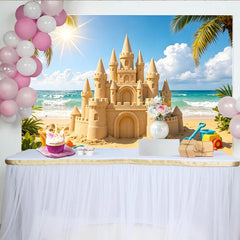 Lofaris Toile de fond de photographie de plage ensoleillée avec château de sable, magnifique décor d'été pour studio photo et vacances