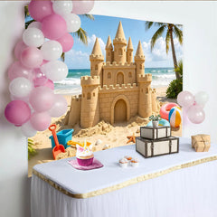 Lofaris Toile de fond de photographie scène de plage avec château de sable et palmiers, arrière-plan estival pour enfants et famille