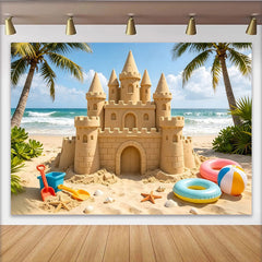 Lofaris Toile de fond de photographie scène de plage avec château de sable et palmiers, arrière-plan estival pour enfants et famille