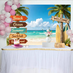 Lofaris Toile de fond de photographie plage tropicale avec palmiers et océan turquoise, décor estival avec planches de surf pour séance photo