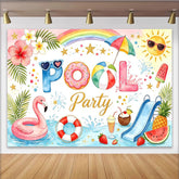 Lofaris Toile de fond pour anniversaire piscine avec flamant rose et toboggan, décor d'ambiance tropicale et estivale pour fête