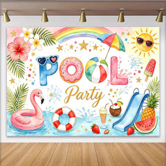 Lofaris Toile de fond pour anniversaire piscine avec flamant rose et toboggan, décor d'ambiance tropicale et estivale pour fête