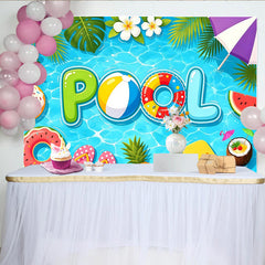 Lofaris Toile de fond de photographie piscine estivale avec bouée et ballon de plage, arrière-plan coloré pour fête d'été et studio photo