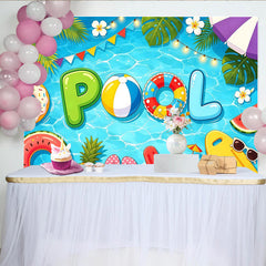 Lofaris Toile de fond de photographie estivale piscine avec bouées et palmiers, arrière-plan joyeux et coloré pour fête d'été et studio photo