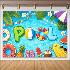 Lofaris Toile de fond de photographie estivale piscine avec bouées et palmiers, arrière-plan joyeux et coloré pour fête d'été et studio photo