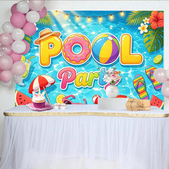 Lofaris Toile de fond pour fête à la piscine tropicale avec ballons et pastèque, décor estival vibrant pour célébration et photomaton