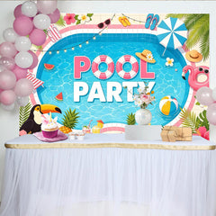 Lofaris Toile de fond anniversaire piscine tropicale avec flamant rose et ananas, décor de fête estivale pour studio photo
