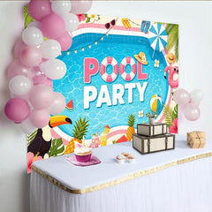 Lofaris Toile de fond anniversaire piscine tropicale avec flamant rose et ananas, décor de fête estivale pour studio photo