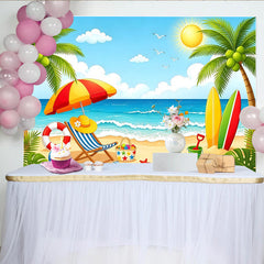 Lofaris Toile de fond de plage ensoleillée avec palmiers et océan, décor de surf pour studio photo et fête d'été