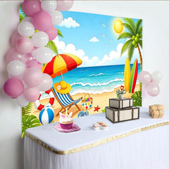 Lofaris Toile de fond de plage ensoleillée avec palmiers et océan, décor de surf pour studio photo et fête d'été
