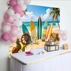 Lofaris Toile de fond de photographie plage et surf avec palmiers et vagues, arrière-plan tropical estival pour studio photo et fête d'été