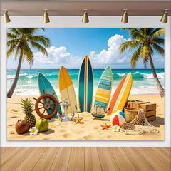 Lofaris Toile de fond de photographie plage et surf avec palmiers et vagues, arrière-plan tropical estival pour studio photo et fête d'été